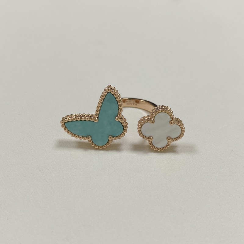Replica Van Cleef Arpels Lucky Alhambra Between the Finger Ring 18K Rose Gold Mother of Pearl Turquoise