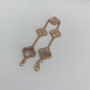 VCA Vintage Alhambra Solid 18K Yellow Gold Bracelet 5 Motif Malachite Diamond