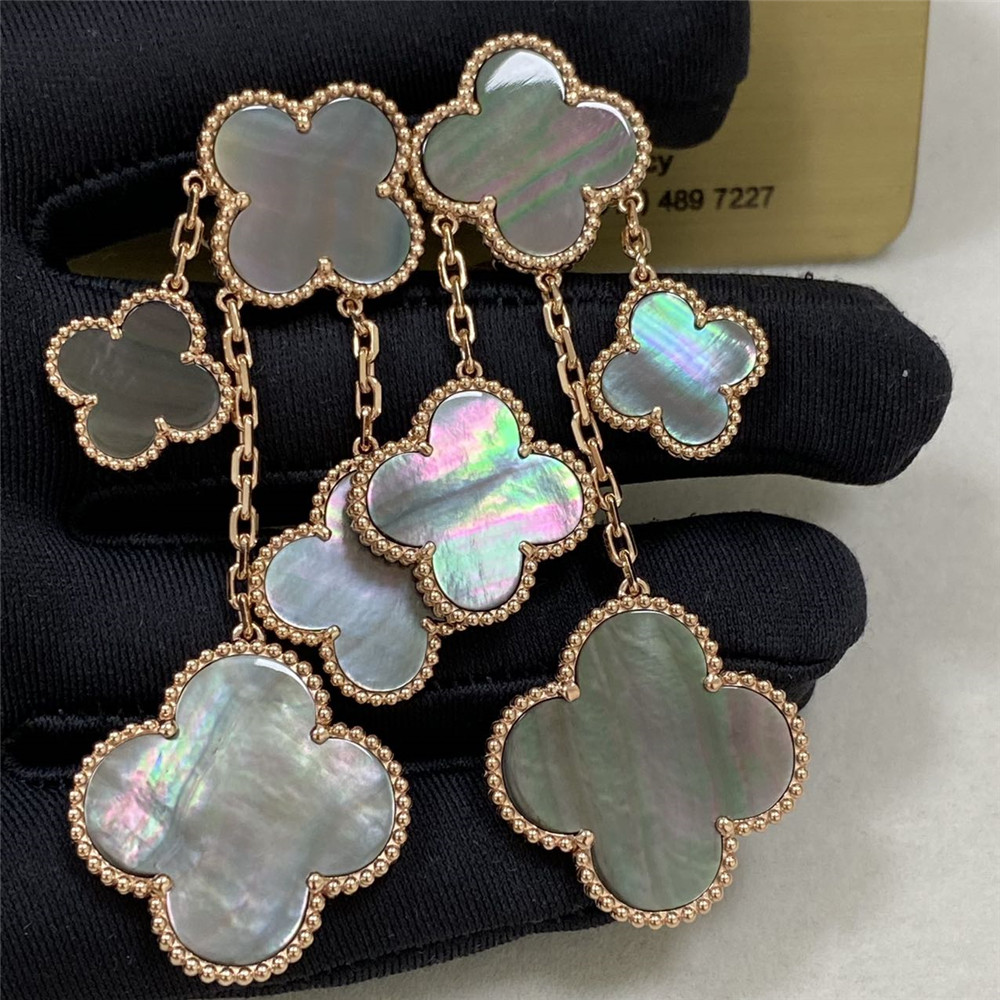 VCA Magic Alhambra Earrings 4 Motifs 18K Rose Gold Grey Mother of Pearl VCARD78900