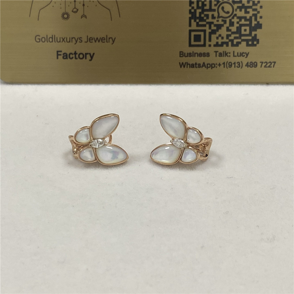 VCA Two Butterfly Earrings 18K Rose Gold Diamond Mother of Pearl VCARO8FN00