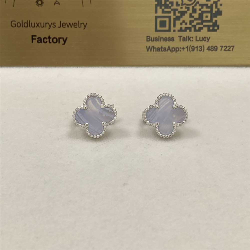 Low Price VCA Vintage Alhambra Earrings 18K Whihte Gold Chalcedony