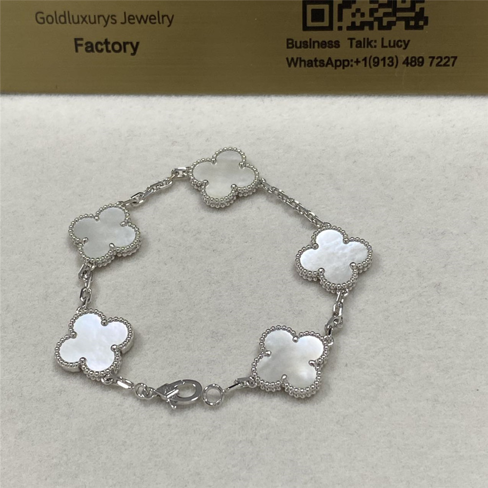 VCA Vintage Alhambra 18K White Gold Mother of Pearl 5 Motifs Bracelet VCARF48400