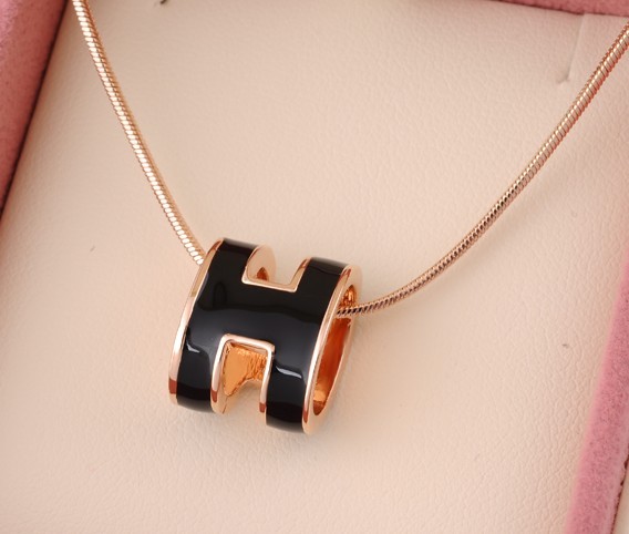 Hermes 3D "H" logo Snake Bone Necklace, Black & Pink Gold Charm 