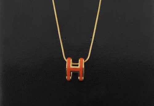 Hermes 3D "H" logo Snake Bone Necklace, Orange "H" & Pink Gold Charm 