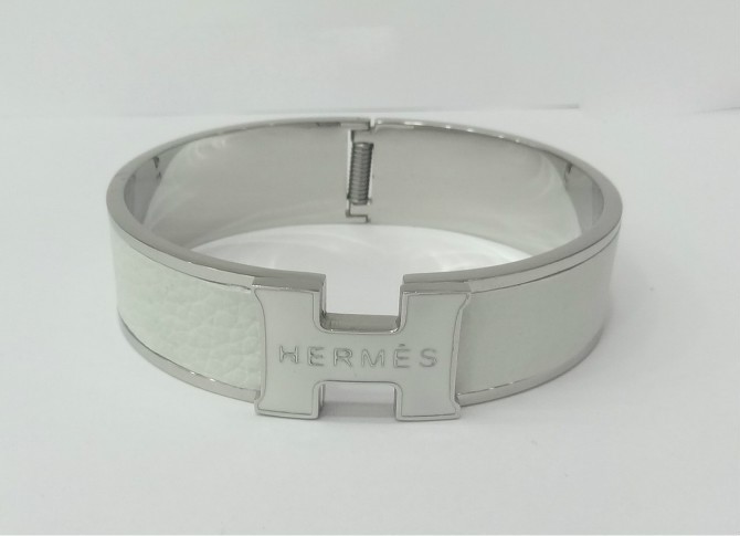 Hermes White Color Logo Bangle With White Gold, Narrow
