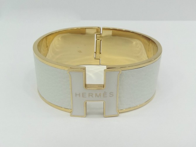 Classic Hermes "H" Logo Bangle, White with 18k Yellow Gold