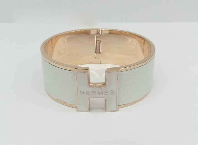 Hermes "H" Logo Bangle, White with 18k Rose Gold