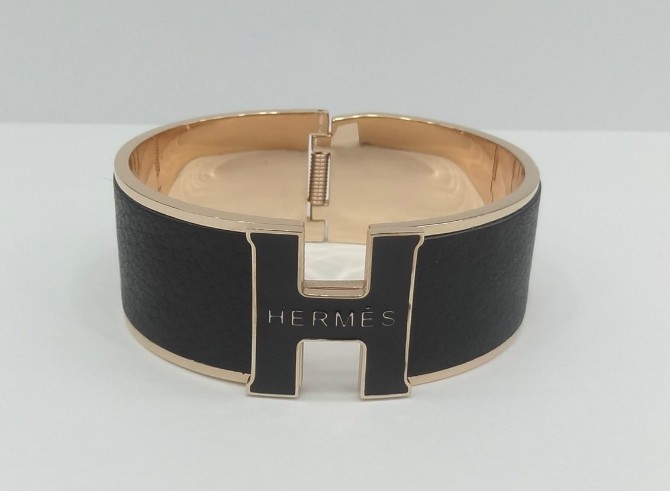 Hermes "H" Logo Bangle, Black with 18k Rose Gold