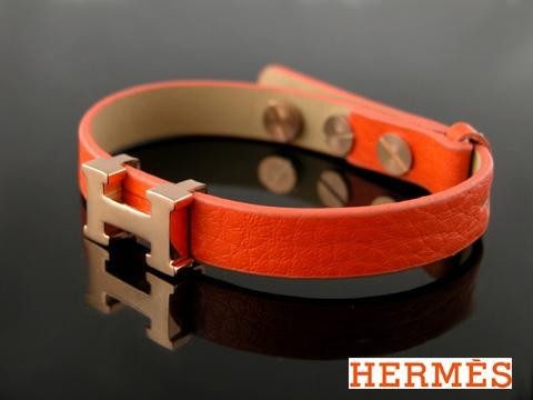 Hermes Corium With Pink Gold "H" Logo Charm Bracelet, Orange