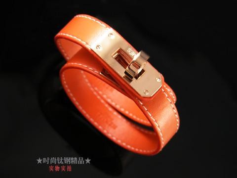 Classic Hermes Orange Leather Bracelets With Rose Gold Turn Buckle