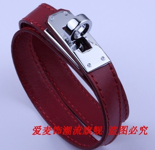 Classic Hermes Red Leather Bracelets With White Gold Turn Buckle