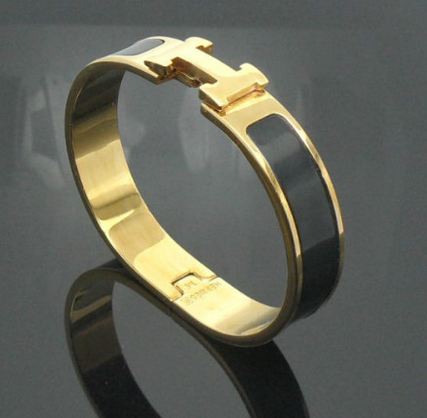 Classic Hermes LOGO Bangle Black Color With 18K Yellow Gold