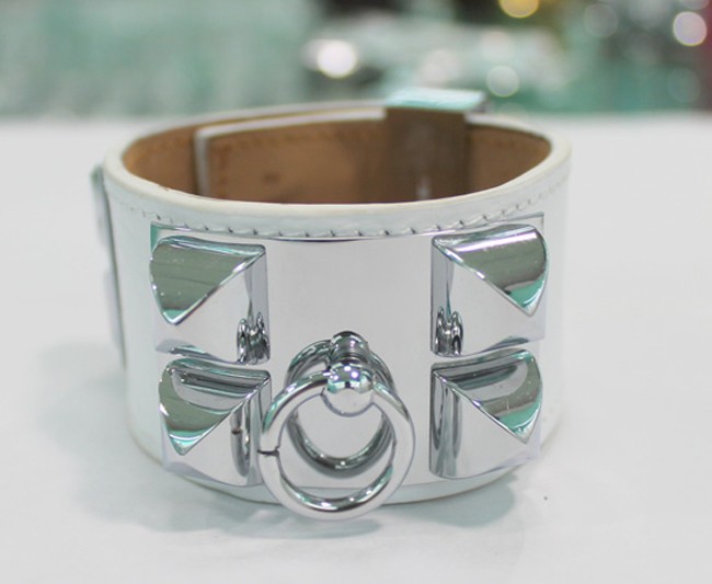 Hermes White Corium With White Gold Rivets Bangle, Wide