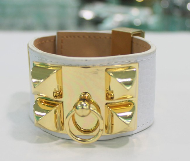Hermes White Corium With Pink Gold Rivets Bangle, Wide