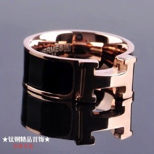 Hermes LOGO Ring, Black Enamel with 14K Rose Gold
