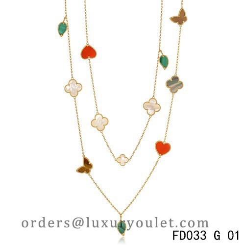 Van Cleef Arpels Lucky Alhambra Long Necklace Yellow Gold 12 Motifs Stone Combination