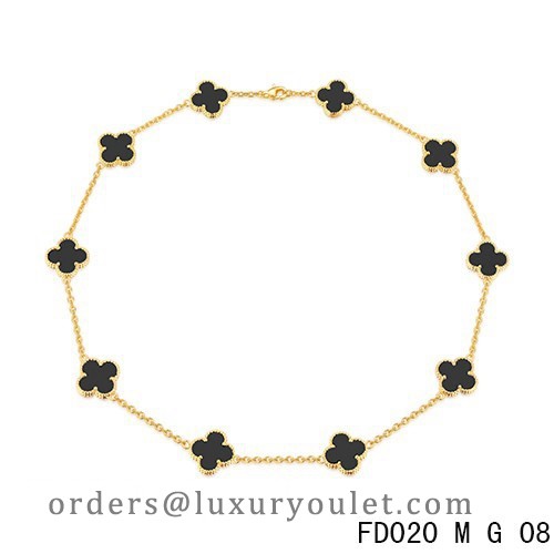 Van Cleef Arpels Vintage Alhambra Necklace Yellow Gold 10 Motifs Black Onyx