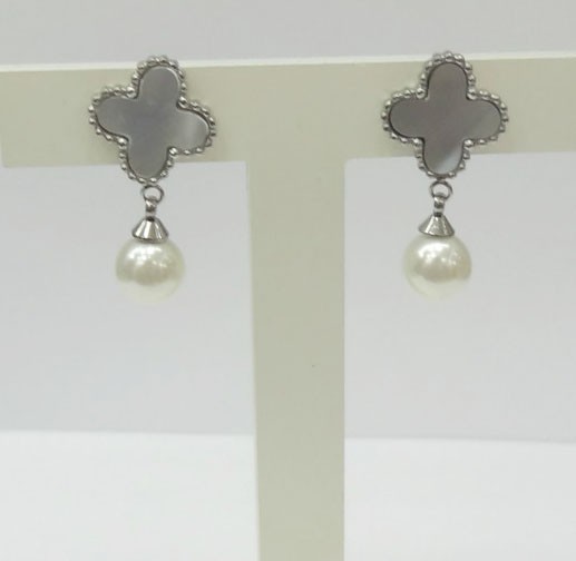 Van Cleef & Arpels Sweet Alhambra Clover Mini Earrings in White Gold with Grey Mother of Pearl