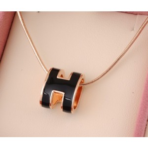Hermes 3D "H" logo Snake Bone Necklace, Black & Pink Gold Charm 
