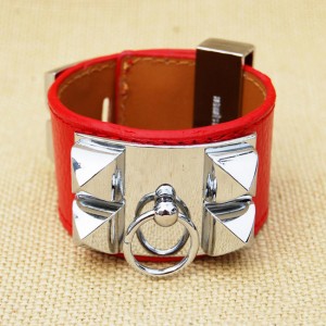 Hermes Red Corium With White Gold Rivets Bangle, Wide