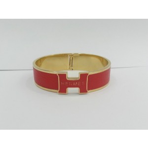 Hermes Red Color Logo Bangle With Yellow Gold, Narrow