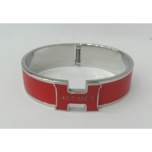 Hermes Red Color Logo Bangle With White Gold, Narrow