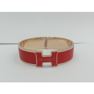 Hermes Red Color Logo Bangle With Pink Gold, Narrow