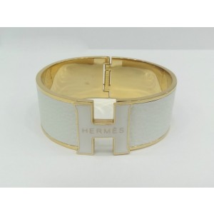 Classic Hermes "H" Logo Bangle, White with 18k Yellow Gold