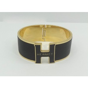 Classic Hermes "H" Logo Bangle, Black with 18k Yellow Gold