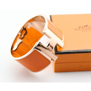 Classic Hermes "H" Logo Wide Bangle, Orange & Pink Gold