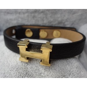 Hermes Corium With Pink Gold "H" Logo Charm Bracelet, Black