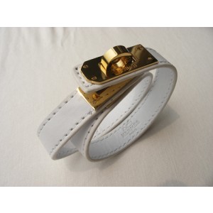 Classic Hermes White Leather Bracelets With Rose Gold Turn Buckle