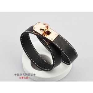 Classic Hermes Black Leather Bracelets With Rose Gold Turn Buckle