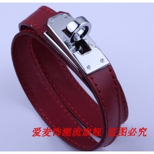 Classic Hermes Red Leather Bracelets With White Gold Turn Buckle