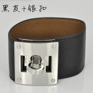 Hermes Black Leather Bracelets With White Gold Turn Buckle, Wide
