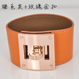 Hermes Orange Leather Bracelets With Pink Gold Turn Buckle, Wide