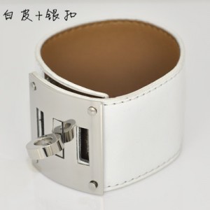 Hermes White Leather Bracelets With White Gold Turn Buckle, Wide