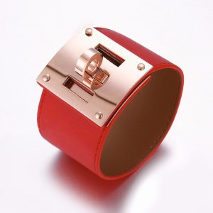 Hermes Red Leather Bracelets With Pink Gold Turn Buckle, Wide