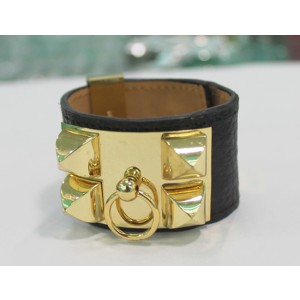 Hermes Black Corium With Pink Gold Rivets Bangle, Wide