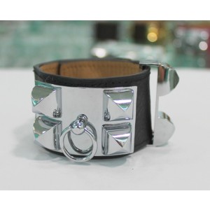 Hermes Black Corium With White Gold Rivets Bangle, Wide