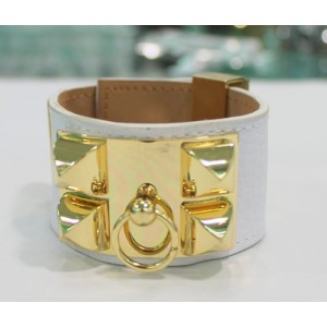 Hermes White Corium With Pink Gold Rivets Bangle, Wide