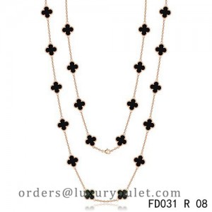Van Cleef Arpels Vintage Alhambra Long Necklace 20 Motifs Black Onyx Pink Gold