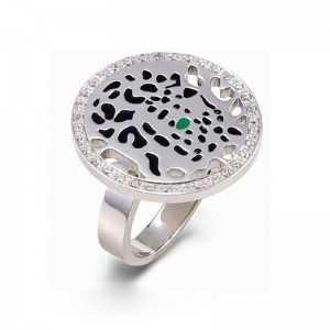 Cartier Panthere Ring in 18K White Gold Set with Diamonds, One Tsavorite Garnet Eye and Black Lacquer Spots