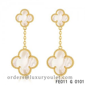 Van Cleef and Arpels Yellow Gold Magic Alhambra 2 Motifs Earclips White Mother of Pearl