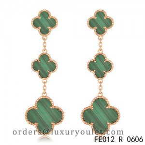 Van Cleef & Arpels Pink Gold Magic Alhambra 3 Malachite Motifs Earclips