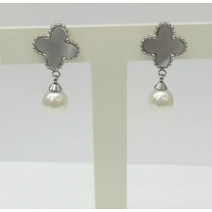 Van Cleef & Arpels Sweet Alhambra Clover Mini Earrings in White Gold with Grey Mother of Pearl